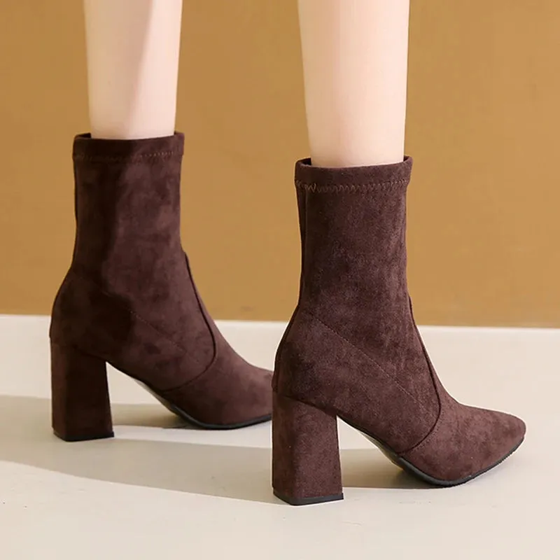Sohiwoo Elegant Faux Suede High Heel Ankle Boots Woman Fashion Slip On Pointed Toe Dress Boots Women Office Square Heeled Short Booties