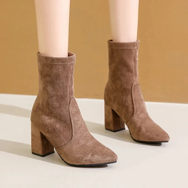Sohiwoo Elegant Faux Suede High Heel Ankle Boots Woman Fashion Slip On Pointed Toe Dress Boots Women Office Square Heeled Short Booties