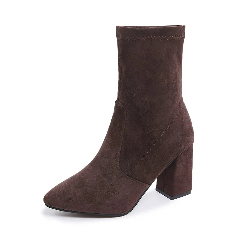 Sohiwoo Elegant Faux Suede High Heel Ankle Boots Woman Fashion Slip On Pointed Toe Dress Boots Women Office Square Heeled Short Booties