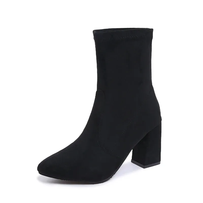 Sohiwoo Elegant Faux Suede High Heel Ankle Boots Woman Fashion Slip On Pointed Toe Dress Boots Women Office Square Heeled Short Booties