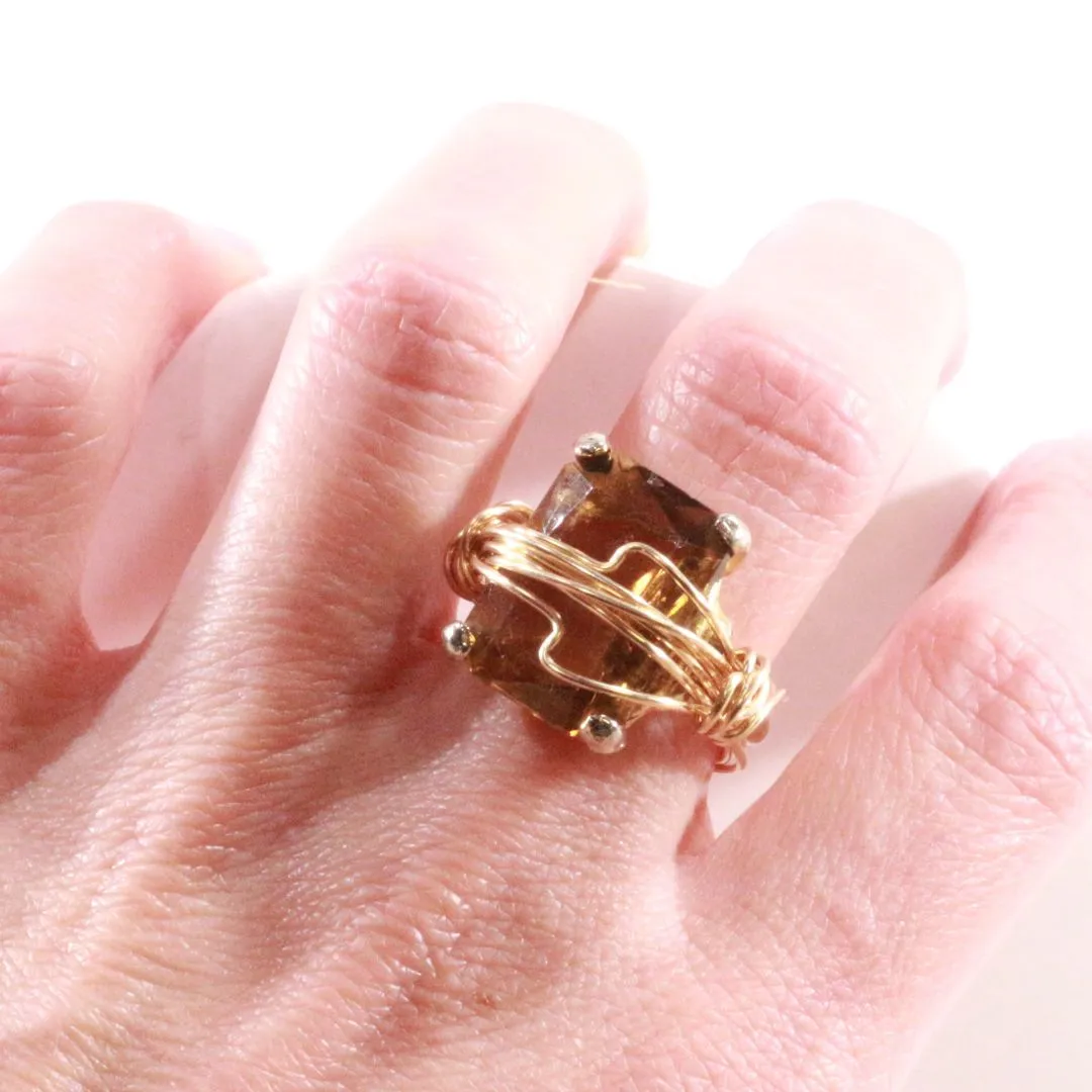 Stately Amber Square Cut - Vintage Cocktail Ring