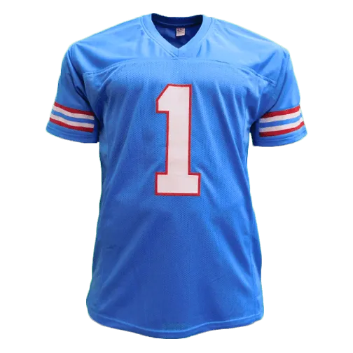 Warren Moon Autographed Pro Style Football Jersey Light Blue HOF '06 (BECKETT)