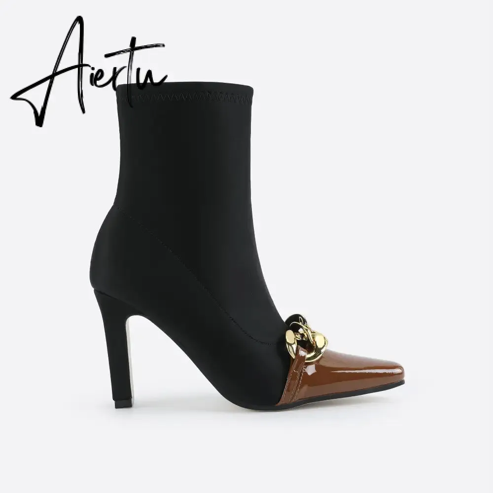 Women Chains Decor Heeled Boots