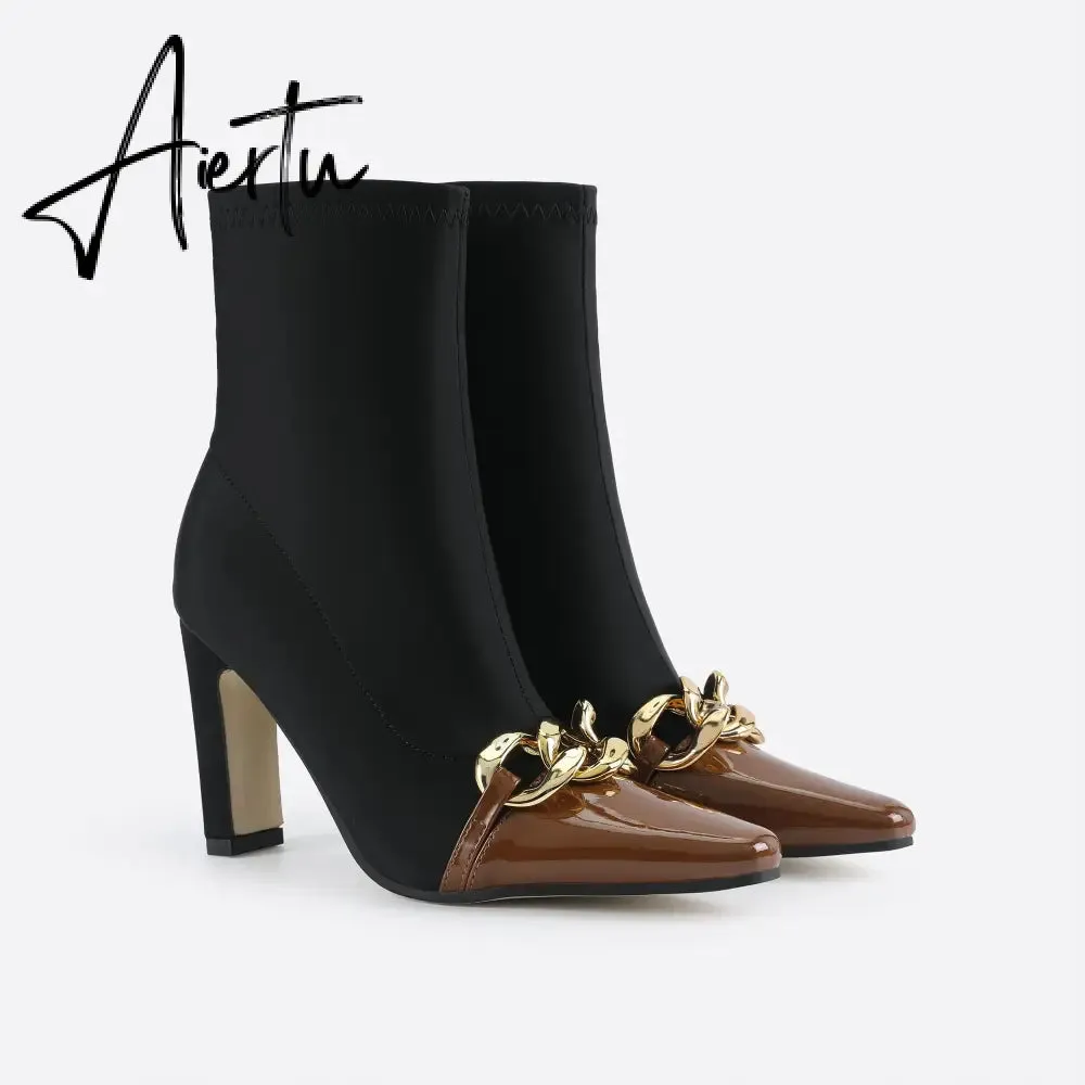 Women Chains Decor Heeled Boots