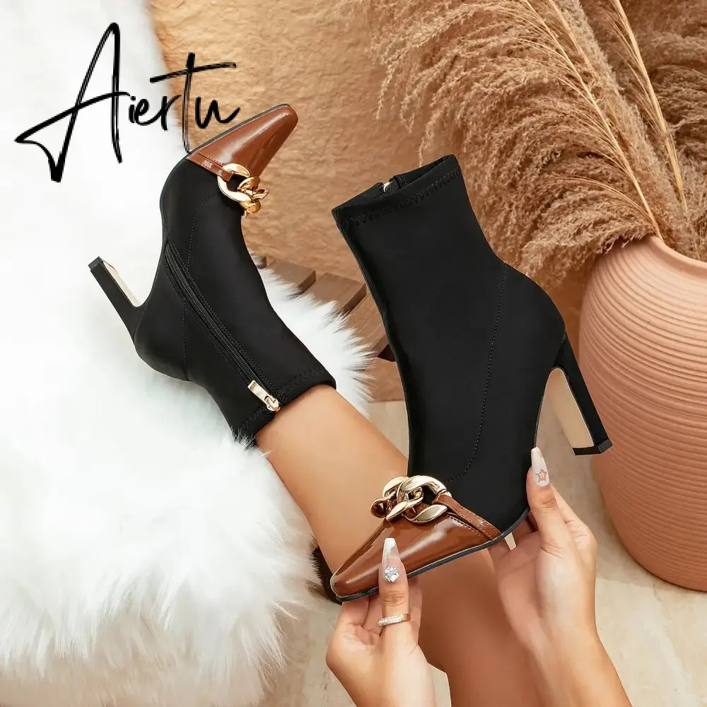 Women Chains Decor Heeled Boots