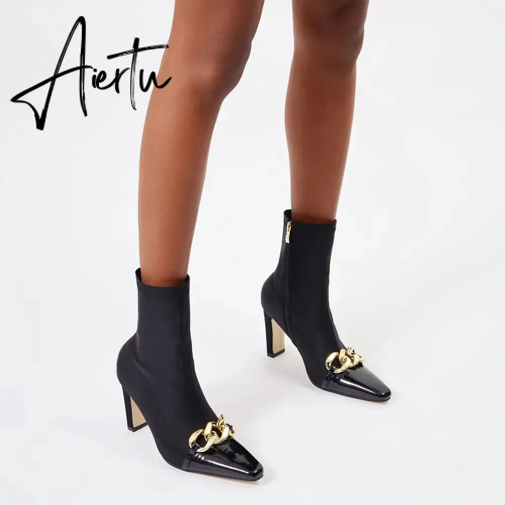 Women Chains Decor Heeled Boots