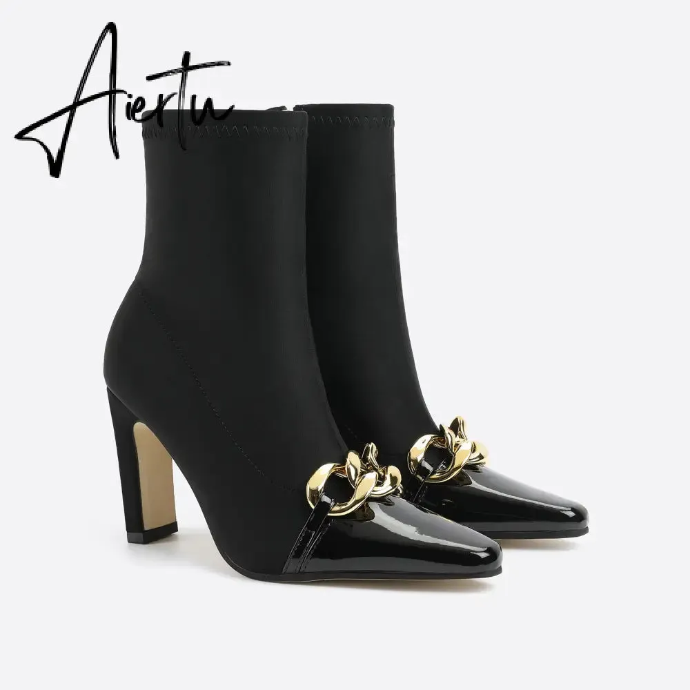 Women Chains Decor Heeled Boots