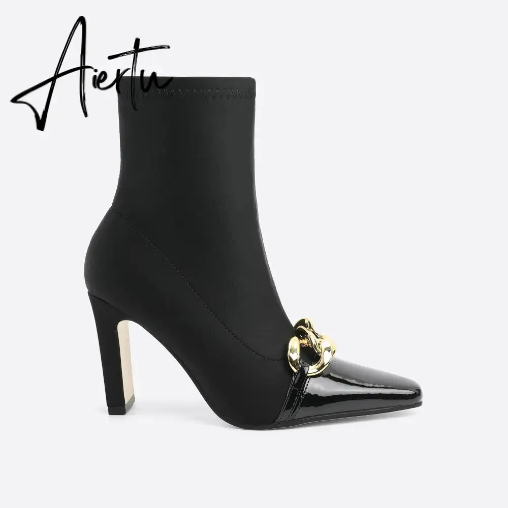 Women Chains Decor Heeled Boots