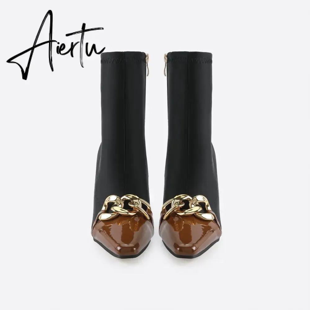 Women Chains Decor Heeled Boots