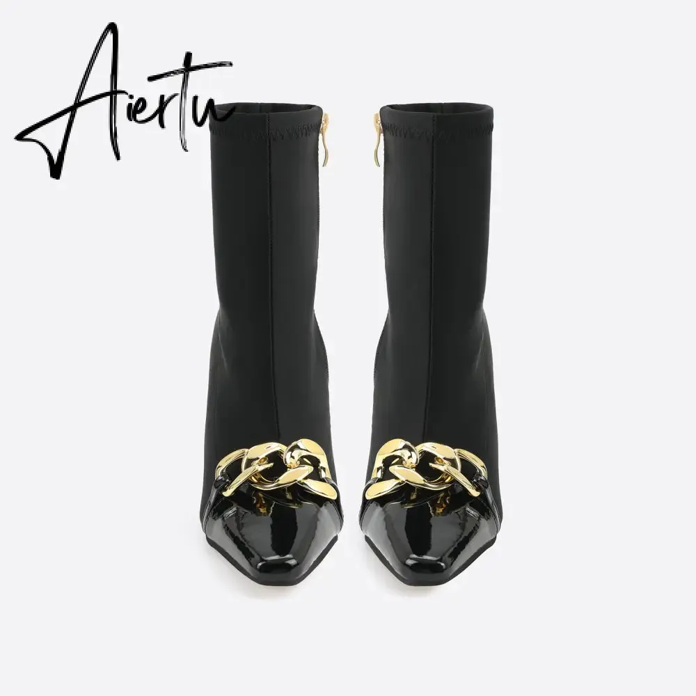 Women Chains Decor Heeled Boots