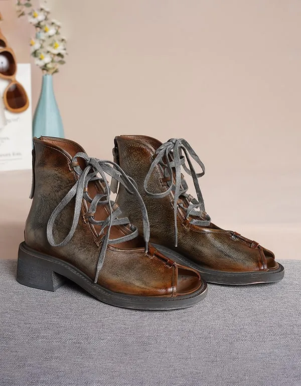 Womens Retro Leather Handmade Cross strap Fish Toe Sandals