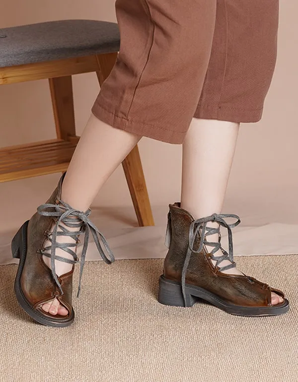 Womens Retro Leather Handmade Cross strap Fish Toe Sandals
