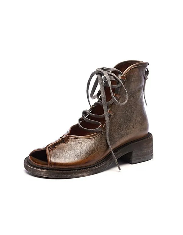 Womens Retro Leather Handmade Cross strap Fish Toe Sandals