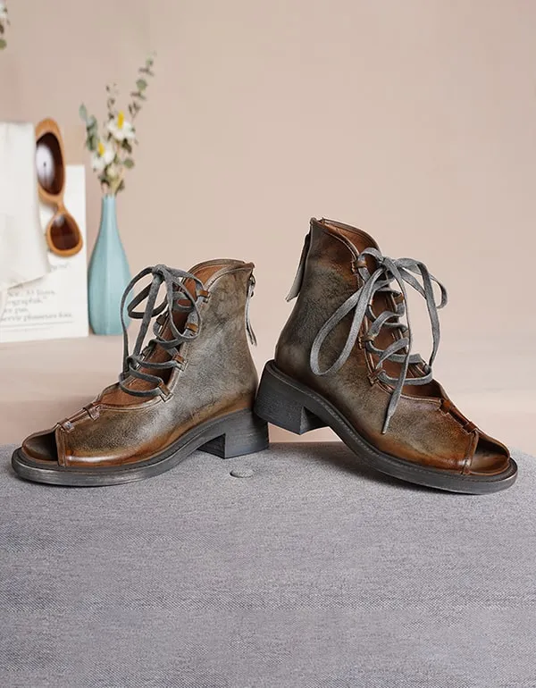 Womens Retro Leather Handmade Cross strap Fish Toe Sandals
